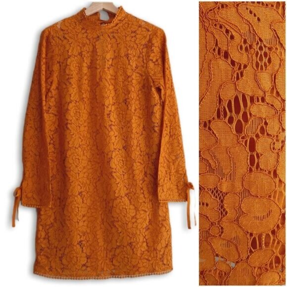 H&M / Floral Lace Pom-Pom Trim Long Sleeve Knee Length Dress Mustard Yellow Sz S - Picture 1 of 16